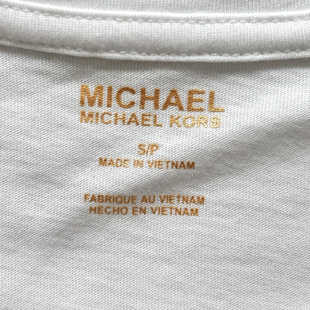 MICHAEL KORS White Gold Foil Cropped Short Sleeve Logo T-Shirt--NWT--S - Picture 9 of 15